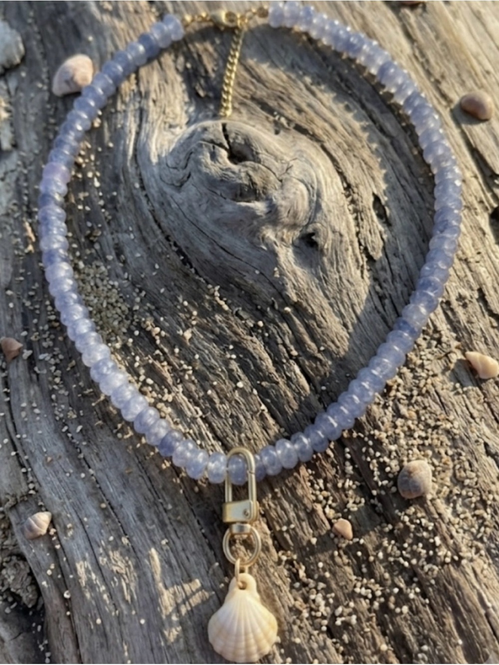 Beach inspired Chalcedony Beaded Necklace with Scallop Shell Charm -